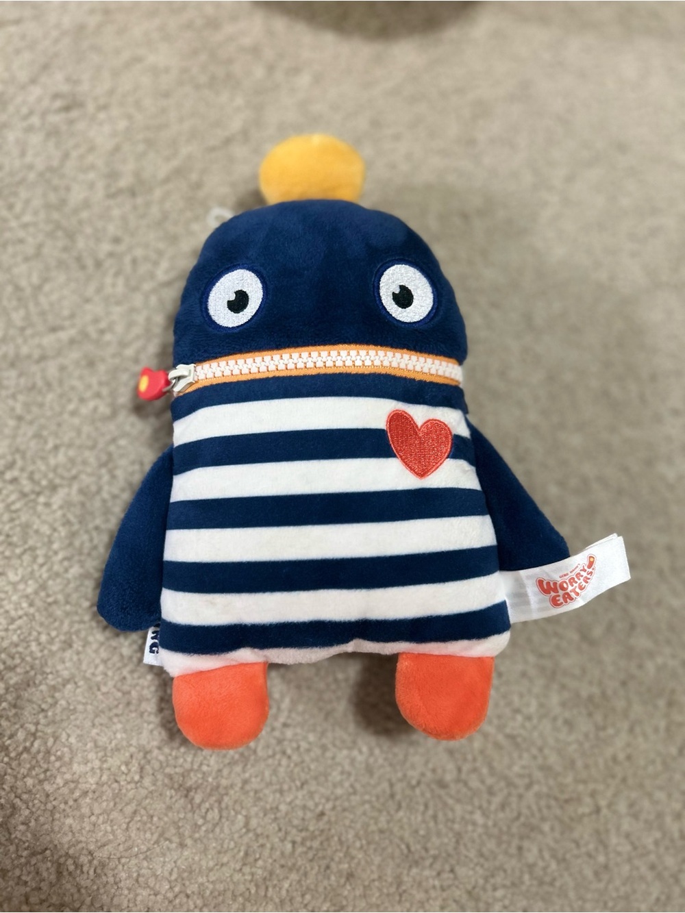 Worry Eaters Navy Stripe Plush Monster with Orange Accents